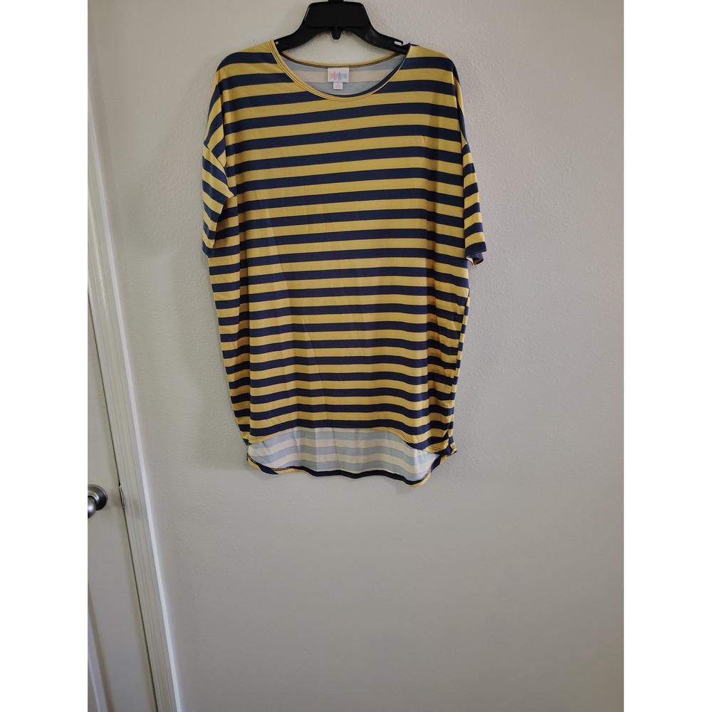 LuLaRoe Irma Tunic Top Womens Small Mustard Yellow‎ Navy Blue Striped High Low